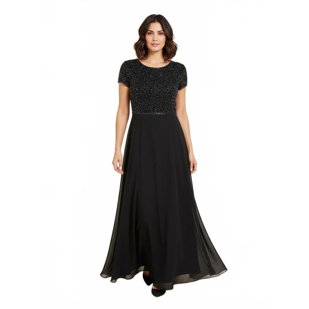 SOLD! Papell Boutique Evening Black Beaded Short Sleeve Dress Size 14